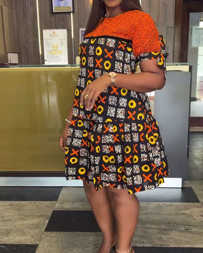 Abito con stampa a contrasto vintage e mezza zip