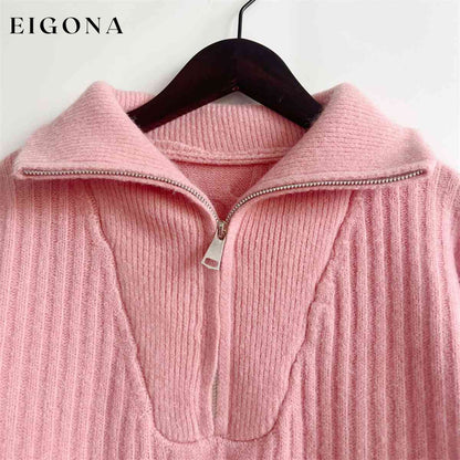 Ribbed Half Zip Long Sleeve Sweater clothes S.X Ship From Overseas