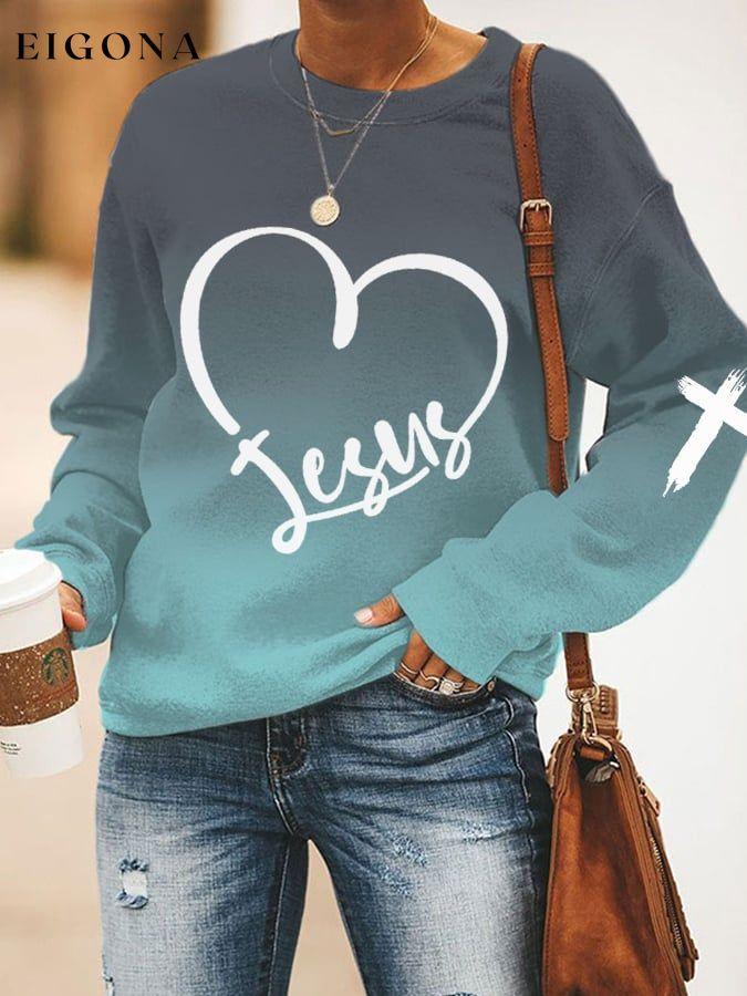 Women's JESUS Heart-shaped Cross Print Sweatshirt