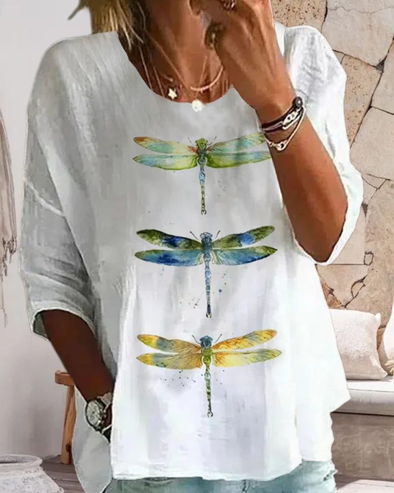 Casual dragonfly print three-quarter sleeve top 202466 blouses & shirts spring summer