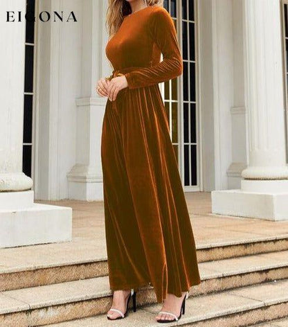 Tie Front Round Neck Long Sleeve Maxi Dress A@Y@Y clothes Ship From Overseas