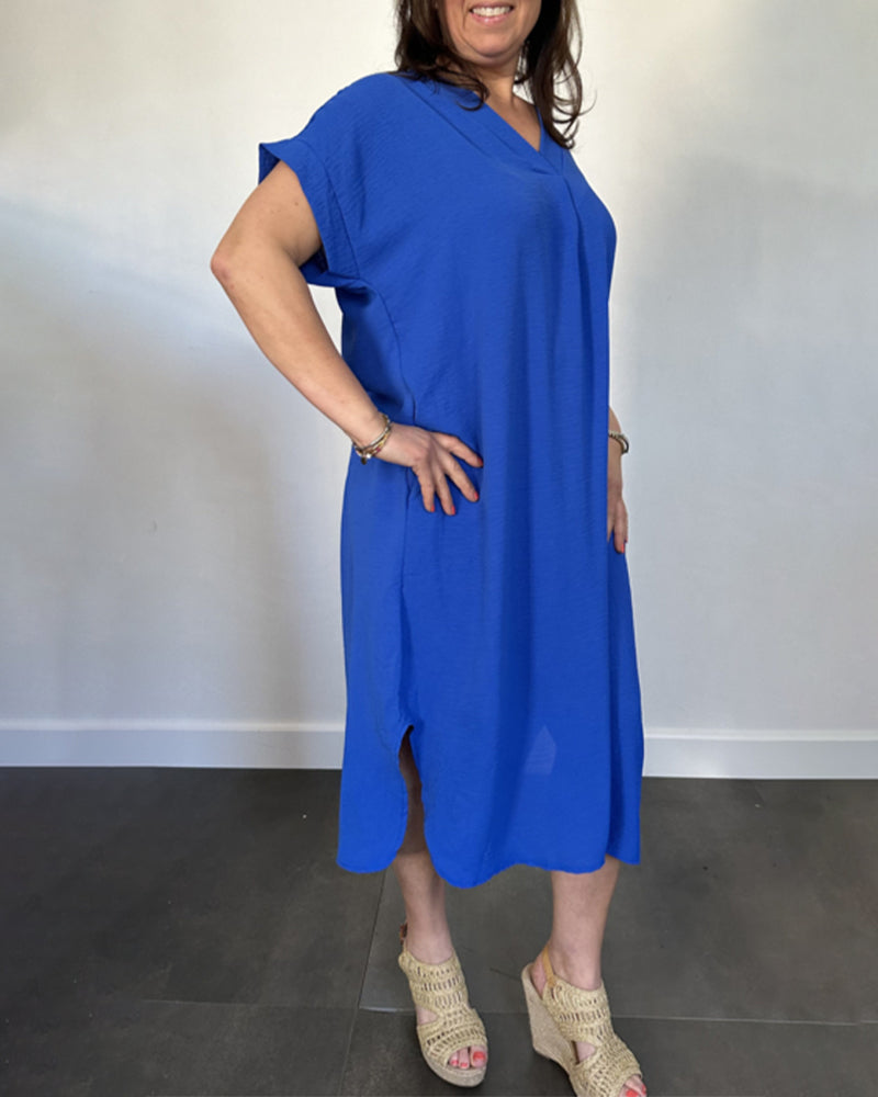 V-Neck Solid Color Loose Straight Dress