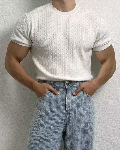 Top Men's Plain Cable Knit Crew Neck, Slim Casual Spring Summer Knitwear