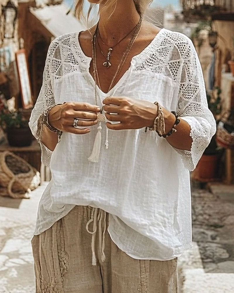 Solid-Color Paneled V-Neck Blouse