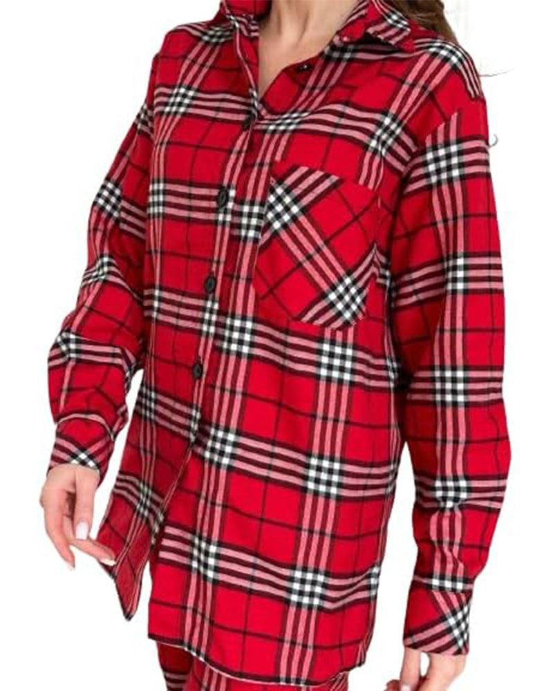 Cozy plaid long sleeve buttons lapel pajama set 2024 f/w christmas two-piece sets