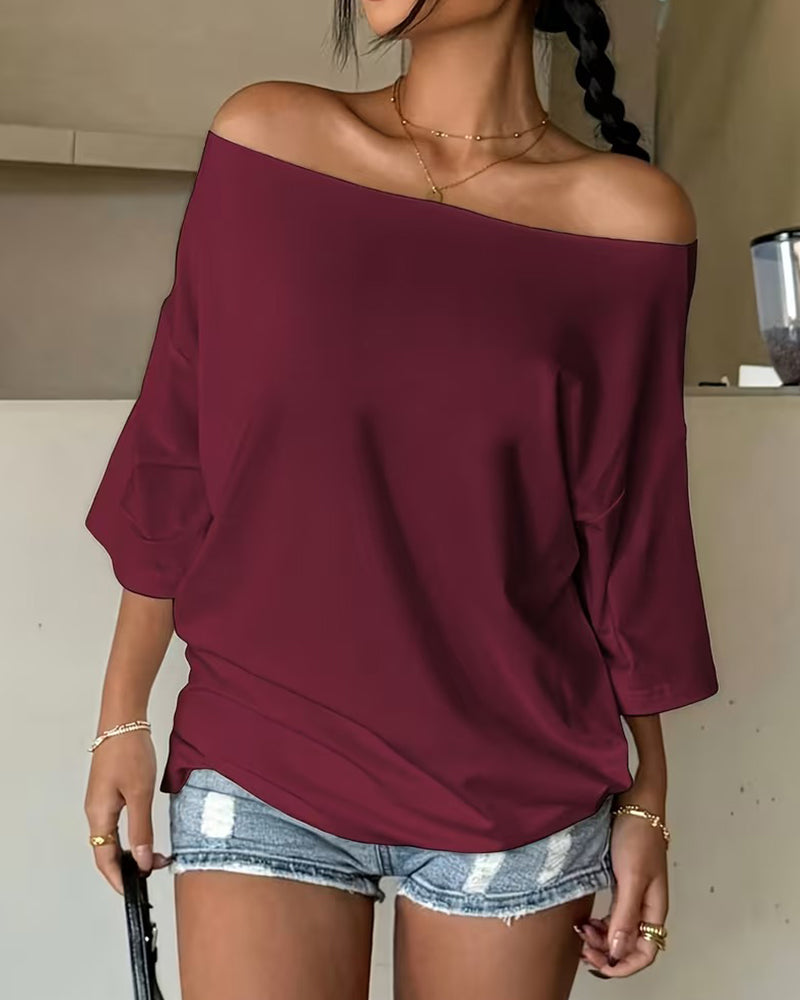 One-Shoulder Batwing Sleeve Solid Color Blouse