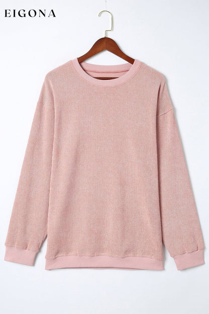 Pink Solid Ribbed Knit Round Neck Pullover Sweatshirt All In Stock Best Sellers clothes Color Pink Fabric Corduroy Hot picks long sleeve shirt Occasion Daily Print Solid Color Season Fall & Autumn shirts Style Casual Sweater sweaters tops