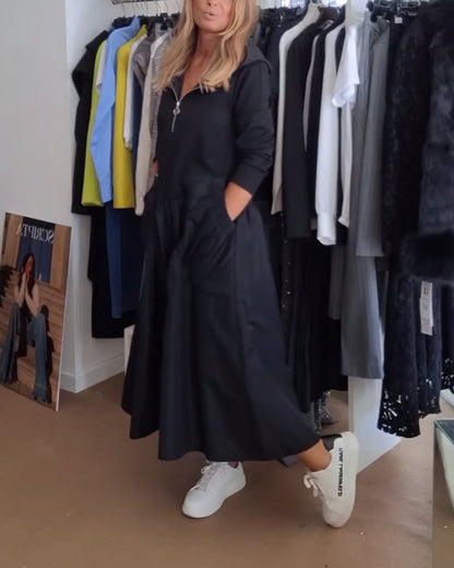 Casual Zipper Hooded Patchwork Pocket Dress