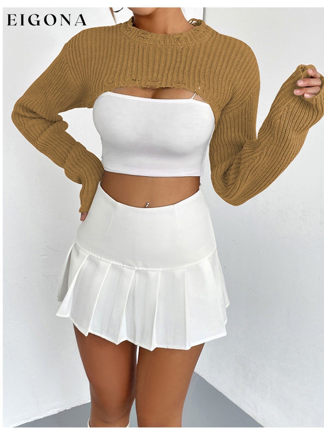 Distressed Long Sleeve Cropped Sweater Tan clothes Ship From Overseas Sweater sweaters Yh