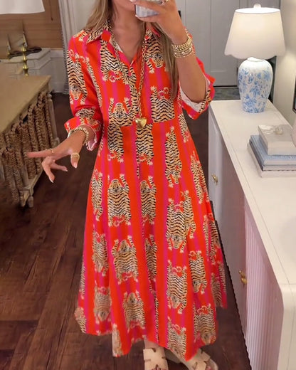 Long Sleeve Lapel Printed Maxi Dress
