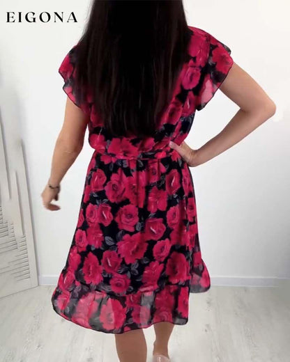 Short-sleeved rose print dress casual dress elegant dress spring summer