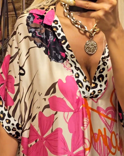 Casual leopard and colorful print deep V dress casual dresses spring summer