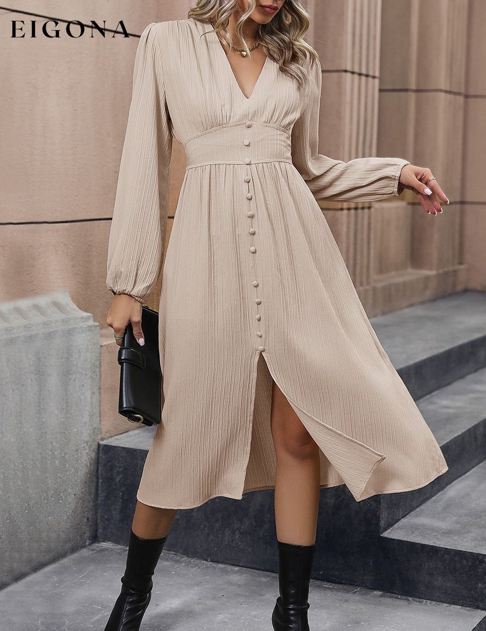 V-Neck Buttoned Slit Dress clothes dresses Hundredth long sleeve dresses maxi dress Ship From Overseas