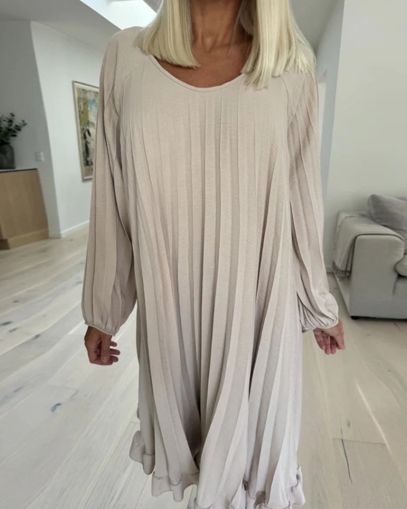 Casual solid color pleated long sleeve loose dress 2024 f/w casual dresses