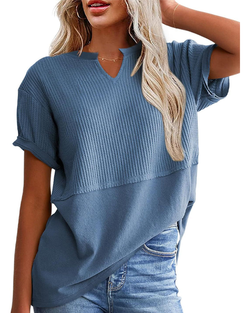 Cinched Waist Patchwork V-Neck Pullover T-Shirt