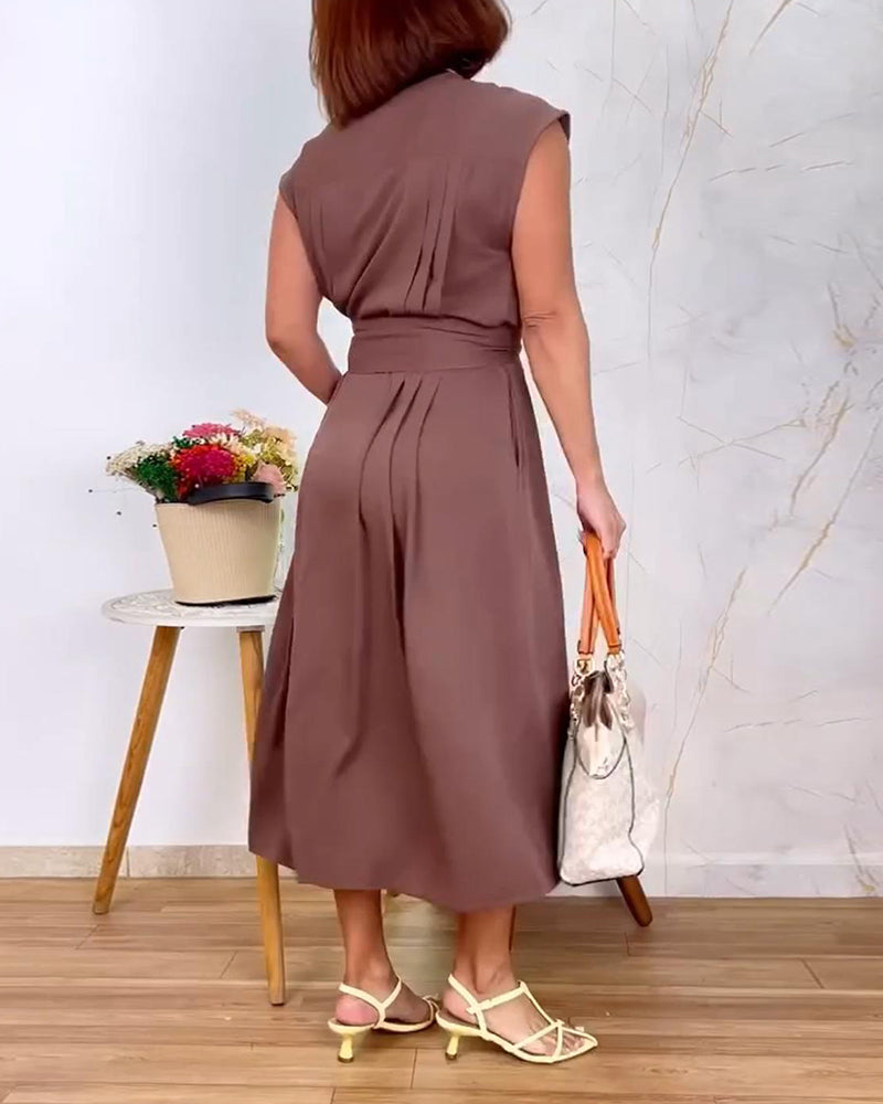 Sleeveless Stand Collar Pleated Waist Dress