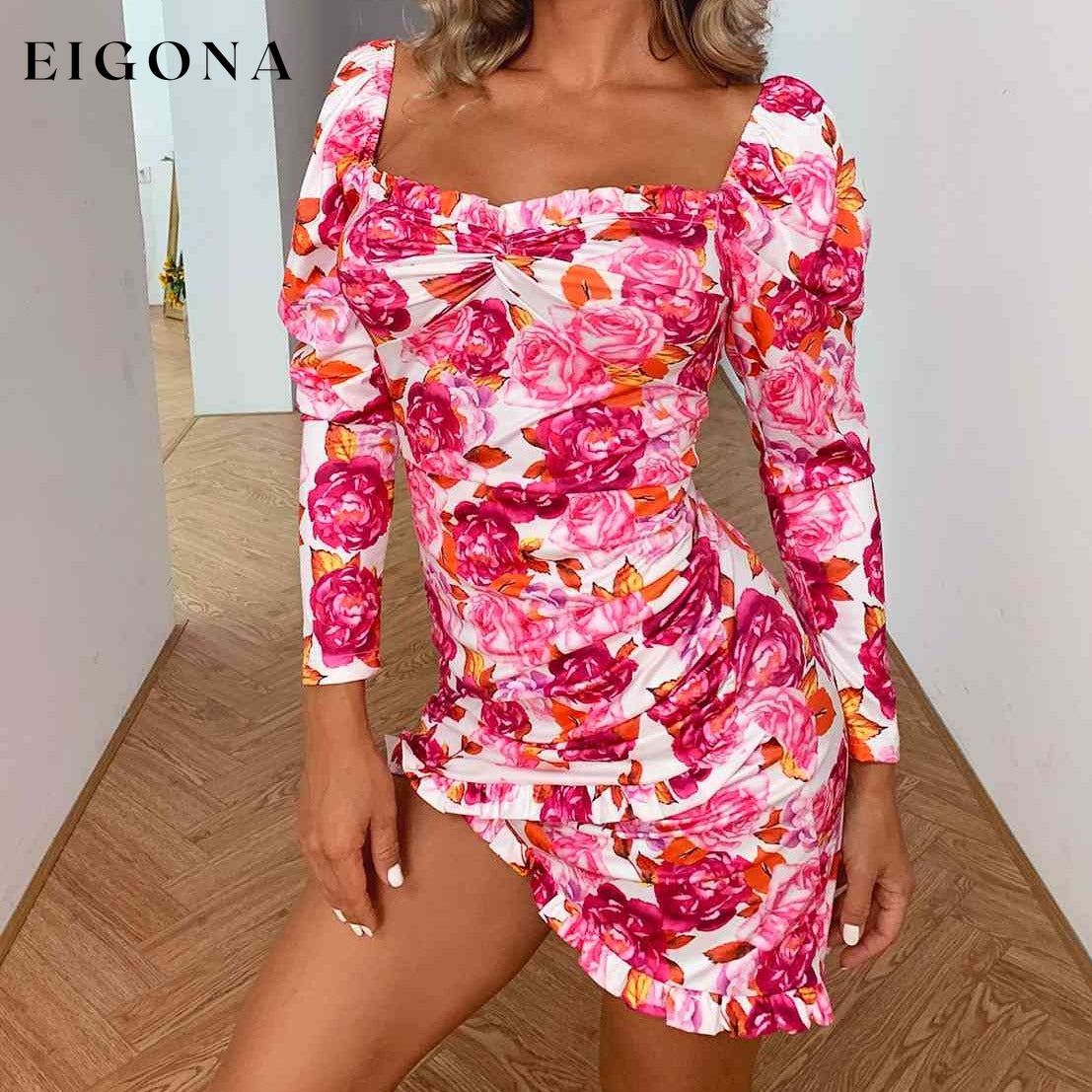 Floral Ruched Leg-Of-Mutton Sleeve Dress casual dress casual dresses clothes D%W dress dresses long sleeve dress long sleeve dresses Ship From Overseas short dress short dresses