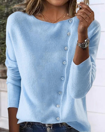 Casual solid color oblique button round neck pullover 2024 f/w pullovers