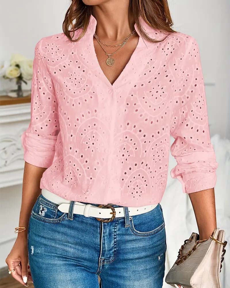 V-neck hollow solid color elegant top blouses & shirts spring summer