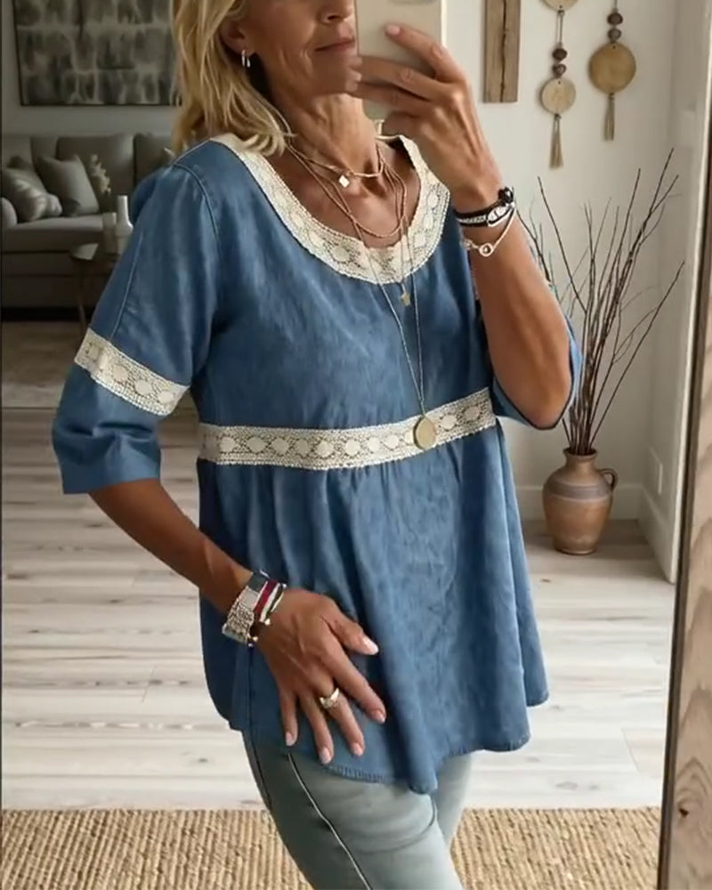 Lace Patchwork Half Sleeve Blouse