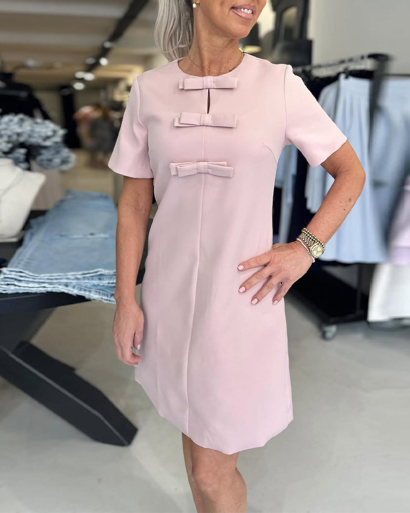 Round Neck Elegant Bow Solid Color Dress