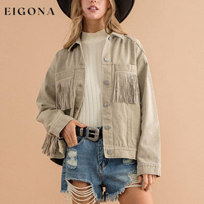 Fringe Detail Dropped Shoulder Denim Jacket Tan clothes DE.O.Z.X Ship From Overseas Shipping Delay 09/29/2023 - 10/06/2023 trend