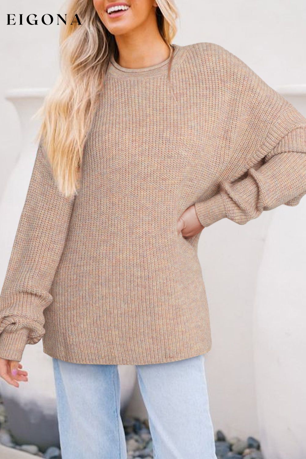 Multicolor Rolled Round Neck Drop Shoulder Sweater All In Stock clothes Color Pink Occasion Daily Print Solid Color Season Fall & Autumn Style Casual Sweater sweaters Sweatshirt