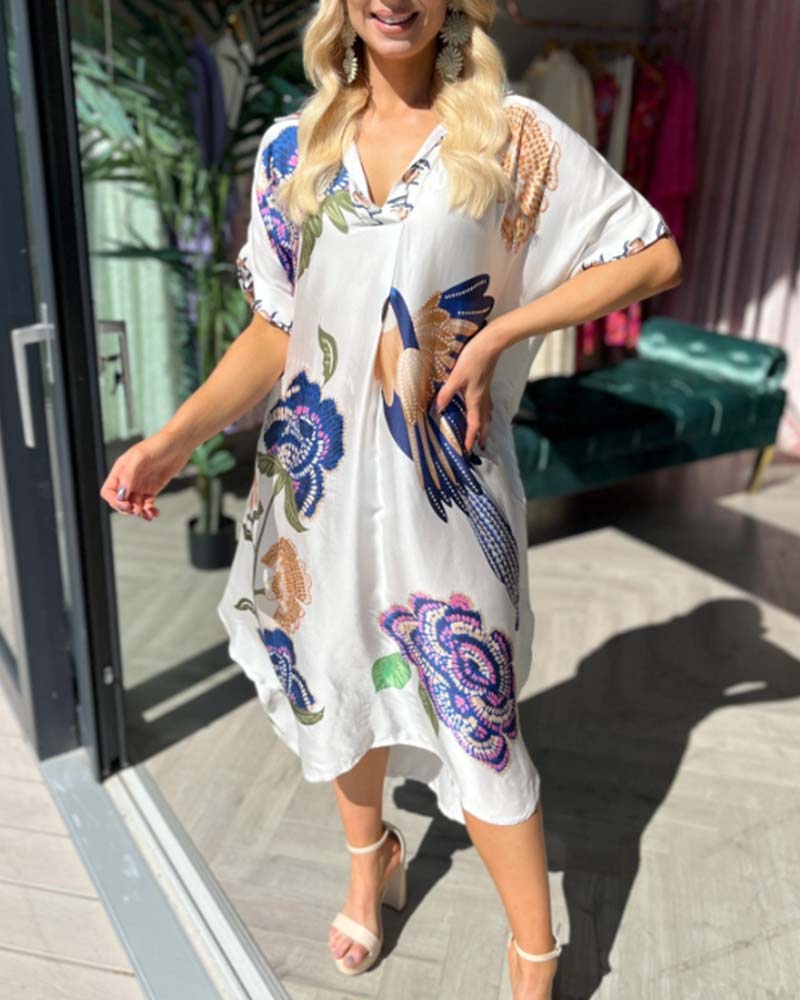 V-neck printed loose dress casual dresses summer