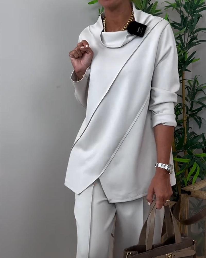 Draped Collar Irregular Long-Sleeved Top