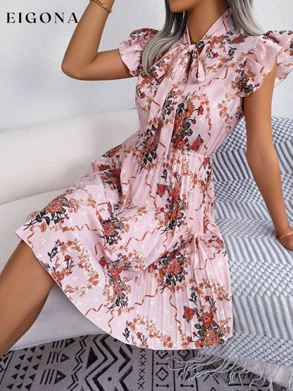 Pleated Floral Printed Tie Neck Knee Length Short Sleeve Dress B.J.S casual dress casual dresses clothes dress dresses Ship From Overseas short dress short dresses short sleeve dress short sleeve dresses