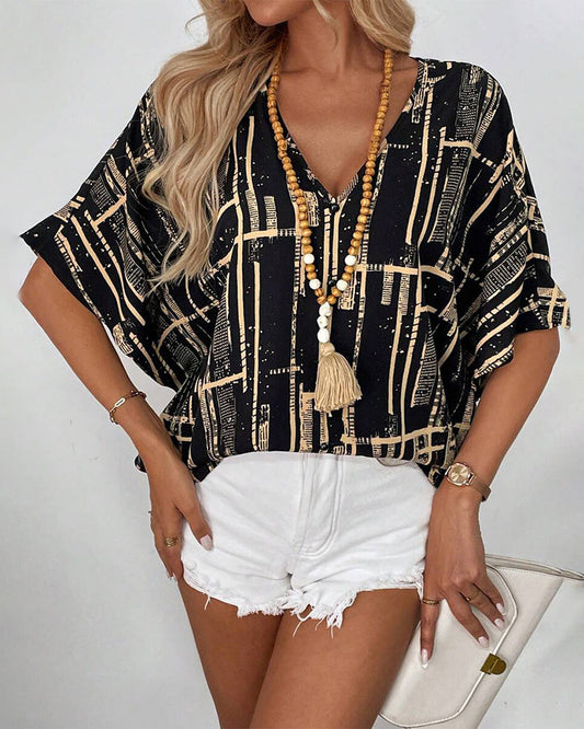 Bat-Sleeve Retro V-Neck Printed Blouse