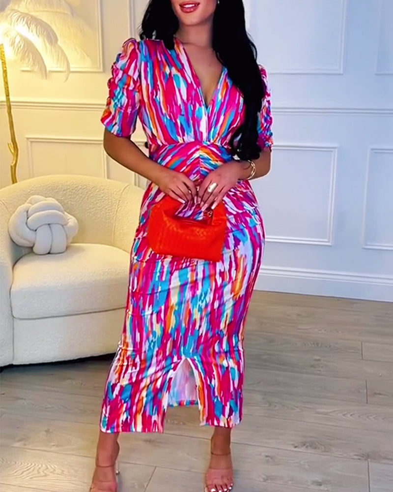 Temperamentkleid mit Puffärmeln und bemaltem Druck