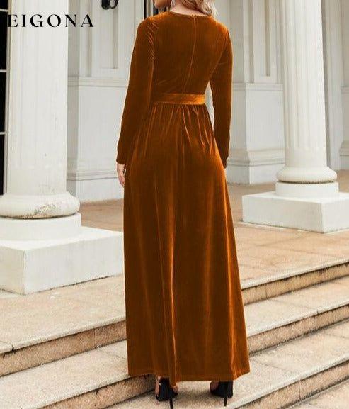 Tie Front Round Neck Long Sleeve Maxi Dress A@Y@Y clothes Ship From Overseas