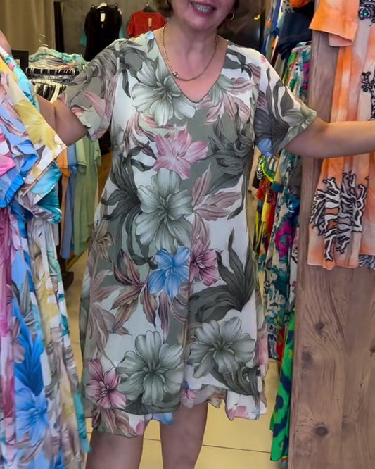 V-Neck Floral Short-Sleeved Print Dress