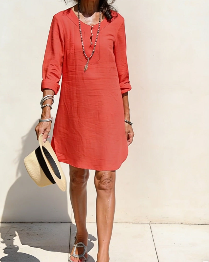 Half Placket Side Slit Cotton And Linen Dress