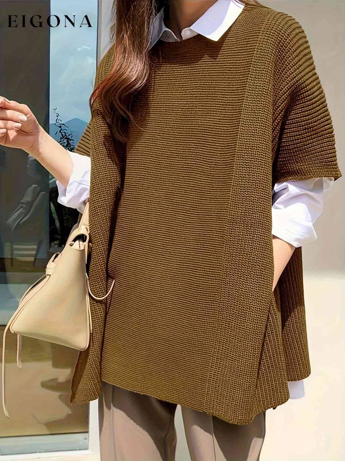 Plus Size Round Neck Slit Short Sleeve Sweater Olive Brown clothes M@Z@L Ship From Overseas