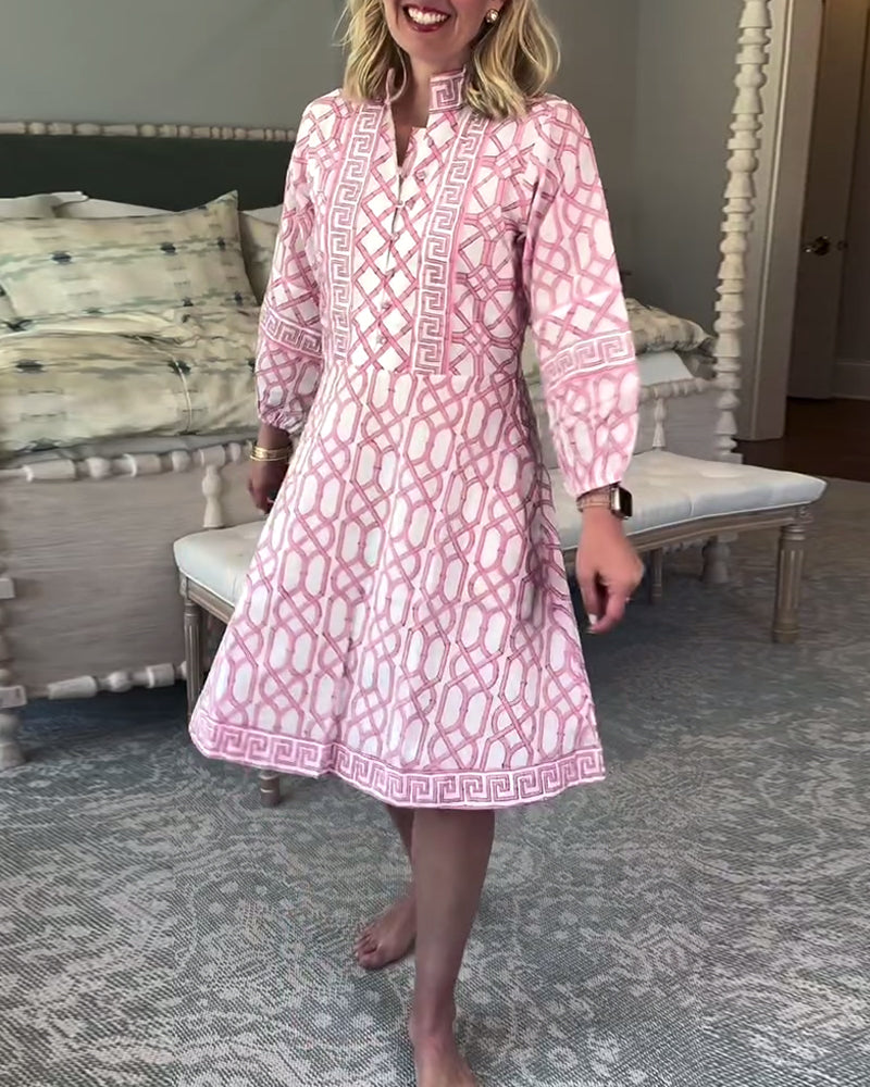 Lantern Sleeves Stand Collar Printed Loose Dress