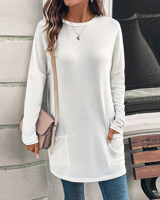 Round neck solid color pocket casual long sleeve top 2024 f/w blouses & shirts