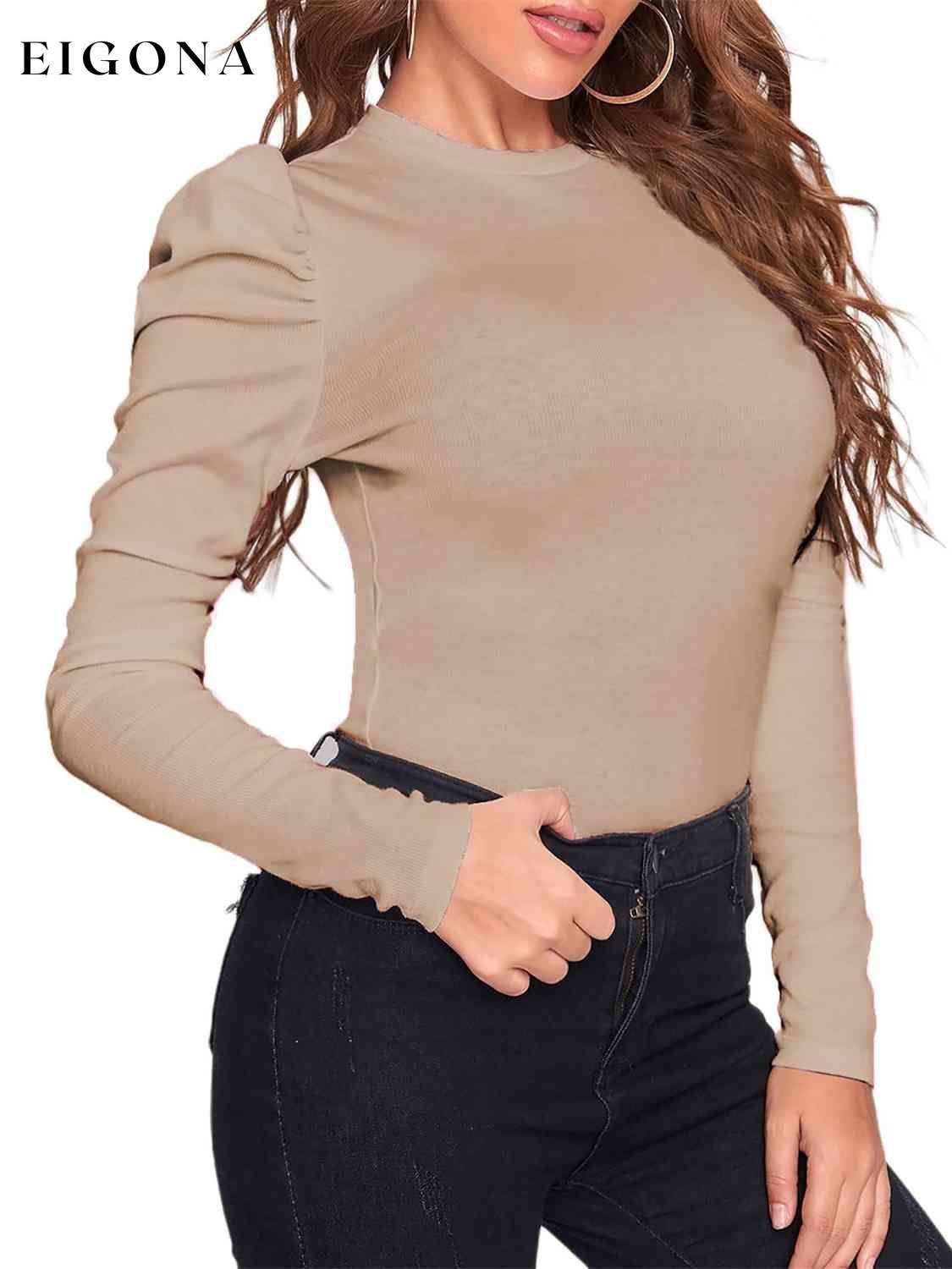Round Neck Leg-Of-Mutton Sleeve Top A.L.D. clothes long sleeve shirt long sleeve shirts long sleeve top long sleeve tops Ship From Overseas shirt shirts top tops