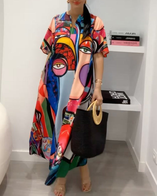 Colorful pattern patchwork print loose casual dress