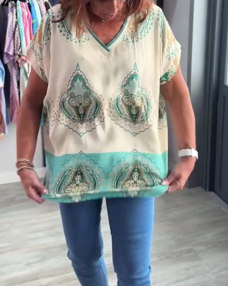 Retro printed V-neck casual top blouses & shirts summer