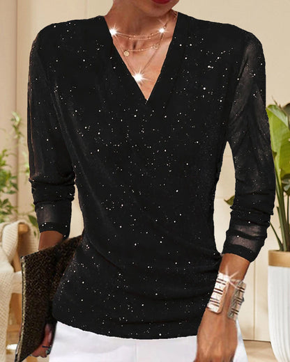 V-Neck Mesh Sequin Temperamental Top