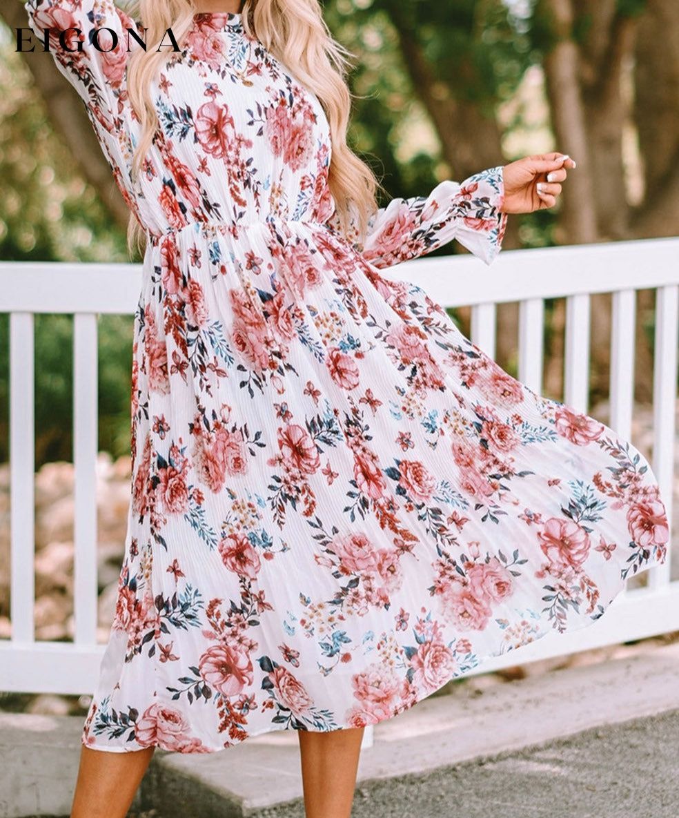 Beige Floral Print Puffy Sleeve Ruffled Midi Dress All In Stock clothes Color Pink DL Chill Out DL Exclusive dress dresses long dress long dresses Occasion Vacation Print Floral Season Spring Sleeve Puff sleeve Style Bohemian