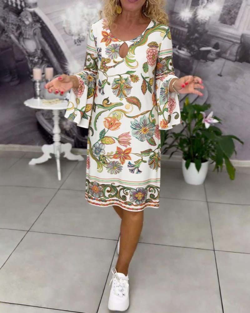 Ruffle Sleeve Printed Round Neck Dress