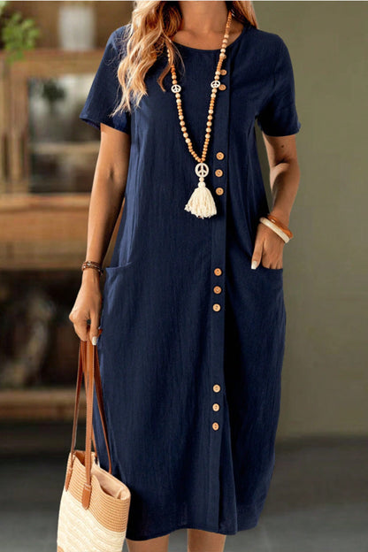 Buttoned Short Sleeve Pocket Shift Dress