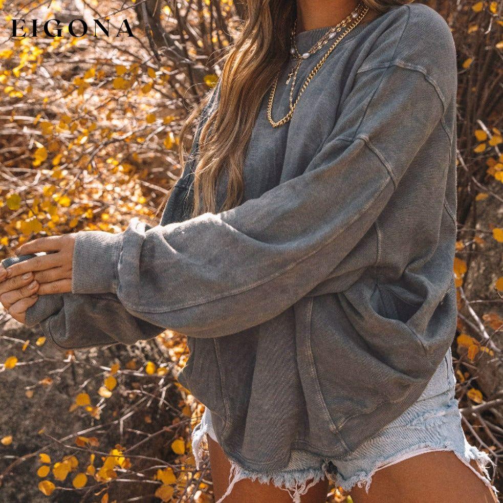 Gray Exposed Seam Twist Open Back Oversized Sweatshirt All In Stock Best Sellers clothes Craft Patchwork Craft Washed Early Fall Collection long sleeve shirts long sleeve top Occasion Daily Print Solid Color Season Winter Style Casual Sweater sweaters Sweatshirt