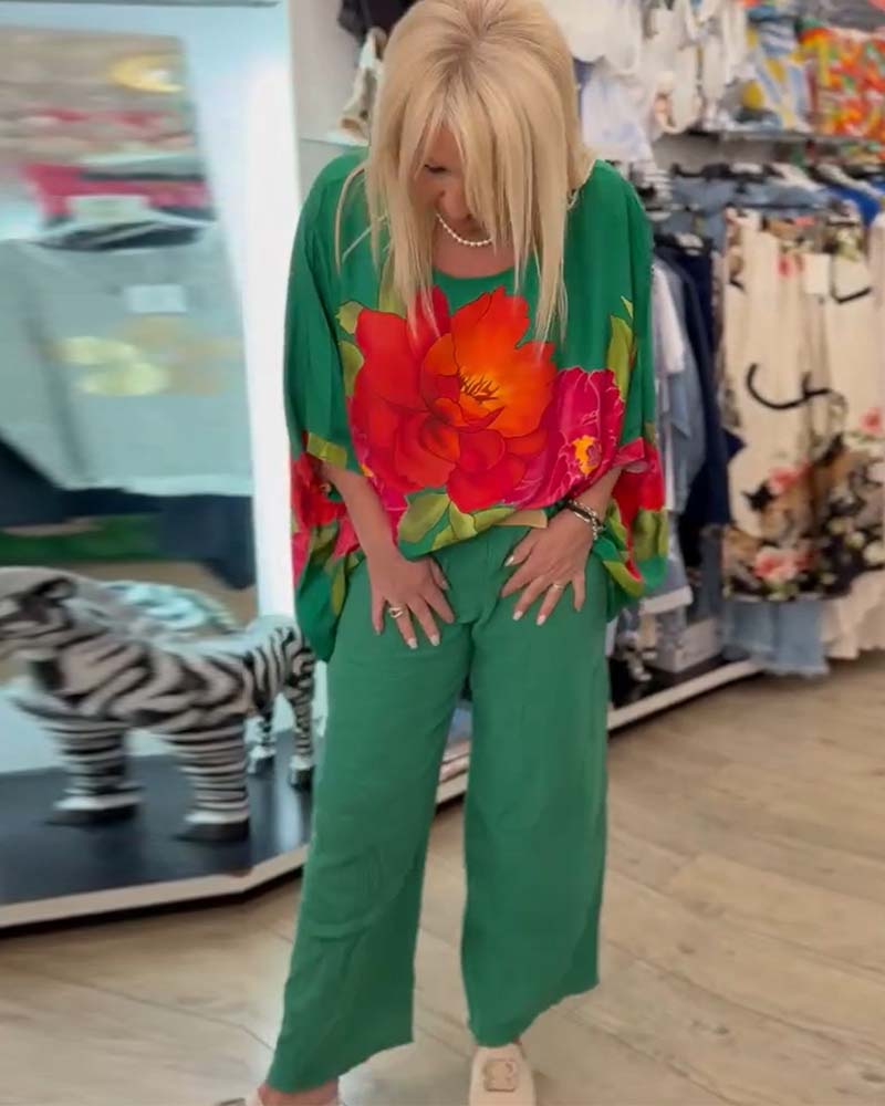 Bat-Sleeve Large Flower Print Blouse