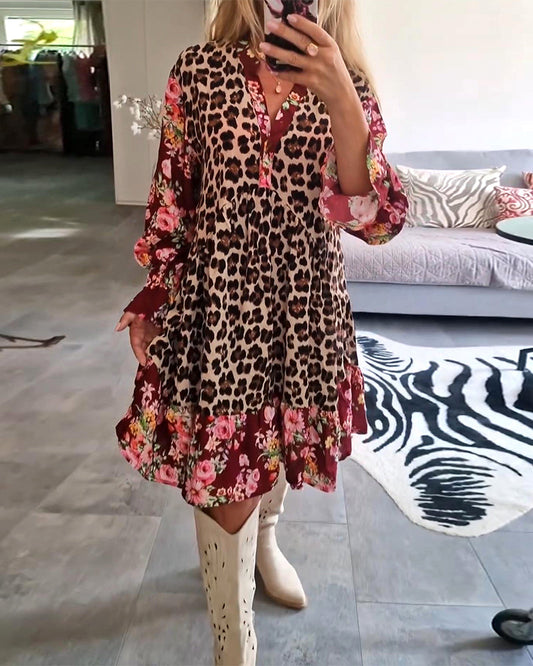 Fashionable leopard floral print bell sleeve dress 2024 f/w casual dresses spring