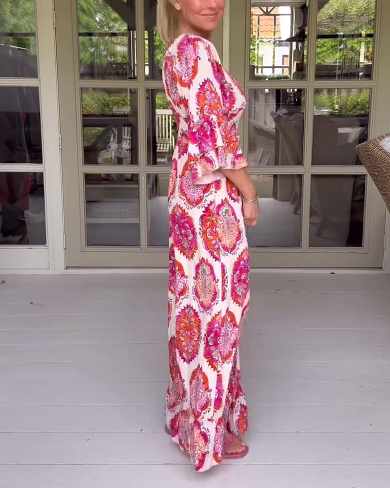 Printed deep V three-quarter sleeve wide leg jumpsuit jumpsuits & rompers spring summer