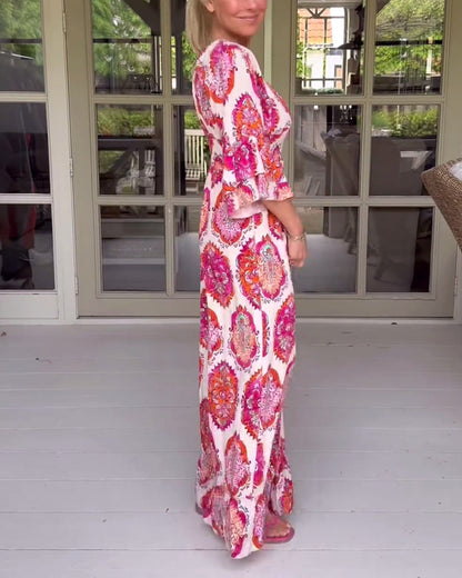 Printed deep V three-quarter sleeve wide leg jumpsuit jumpsuits & rompers spring summer